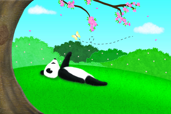 Digital watercolor painting of a panda in a park