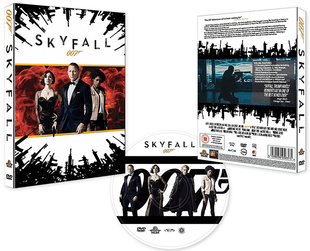 DVD box and label design for the movie Skyfall.