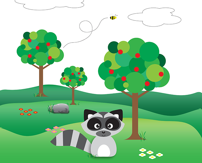 Cute vector drawing of a happy raccoon in a sunny meadow.